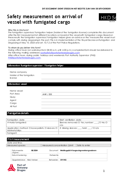 Form for reporting a vessel with fumigated cargo.