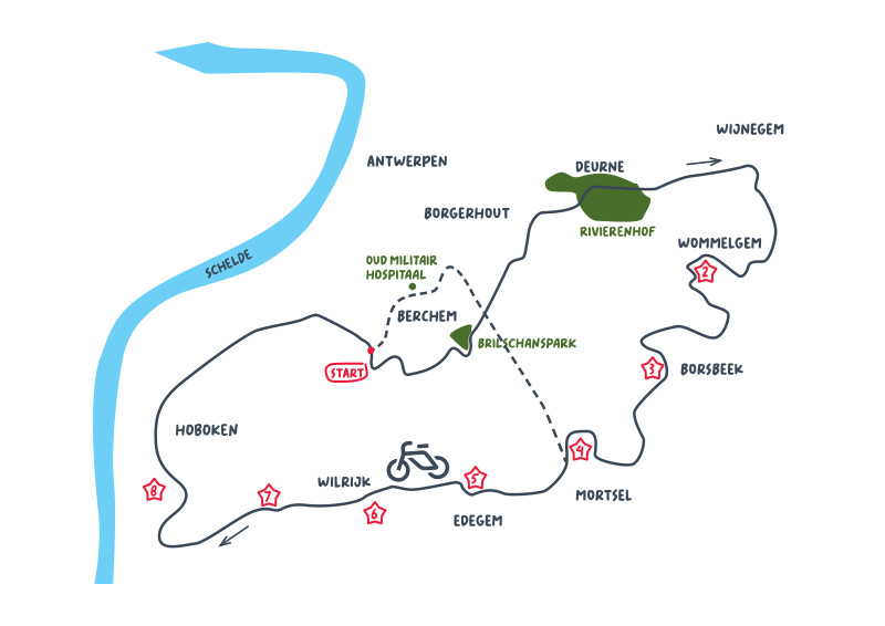 Plannetje met de fietsroute langs de negentiende-eeuwse forten rond Antwerpen, het Brischanspark en het voormalig militair hospitaal in Berchem.