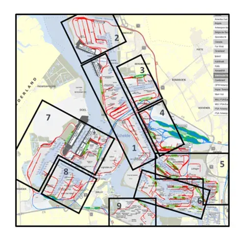 Kaart met de verschillende zones en toewijzing aan spoorwegondernemingen volgens de tender over de rail bundeling. 