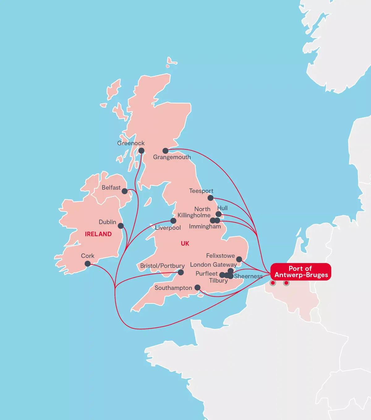 From Zeebrugge you can easily reach the United Kingdom via short sea connections.